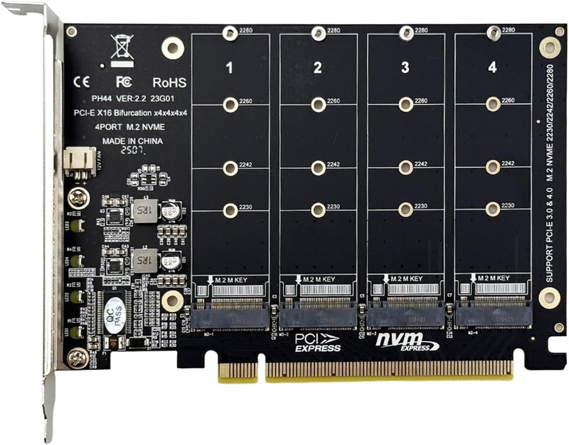Flylin M.2 NVMe SSD to PCI-E x16 Host Controller Expansion Card, 4 x 64Gbps, 4 Port M Key Hard Drive Converter Reader Expansion Card, with LED Indicator, PCIE NVME Adapter (ph44) - Image 1